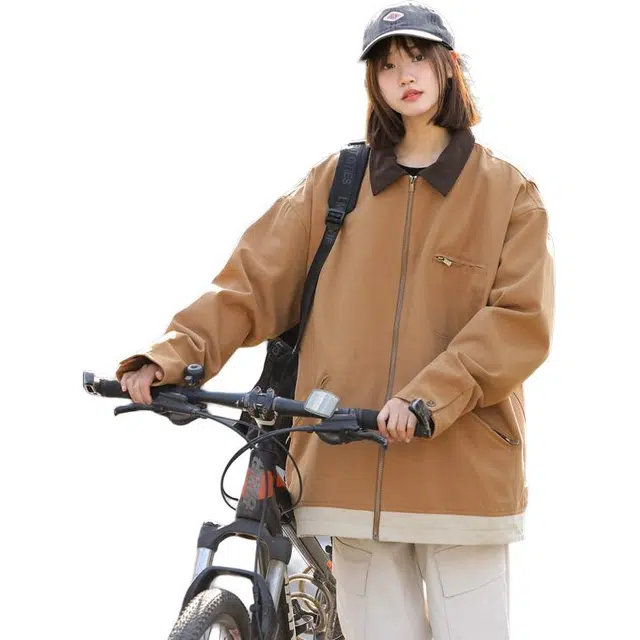 欧迪芬 翻领宽松百搭拉链设计感上衣学生小众情侣休闲夹克外套 男女同款