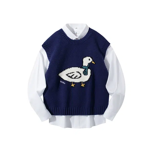 红蜻蜓 圆领卡通提花马甲休闲舒适无袖背心百搭叠穿针织衫 女款 藏青色