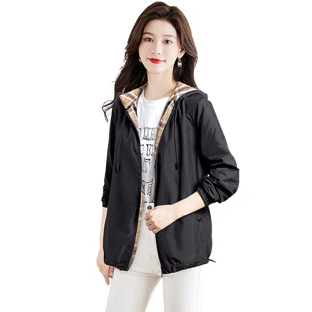 丝柏舍 连帽通勤简约抽绳拉链外套遮肉长袖格纹宽松夹克 女款 黑拼卡其格