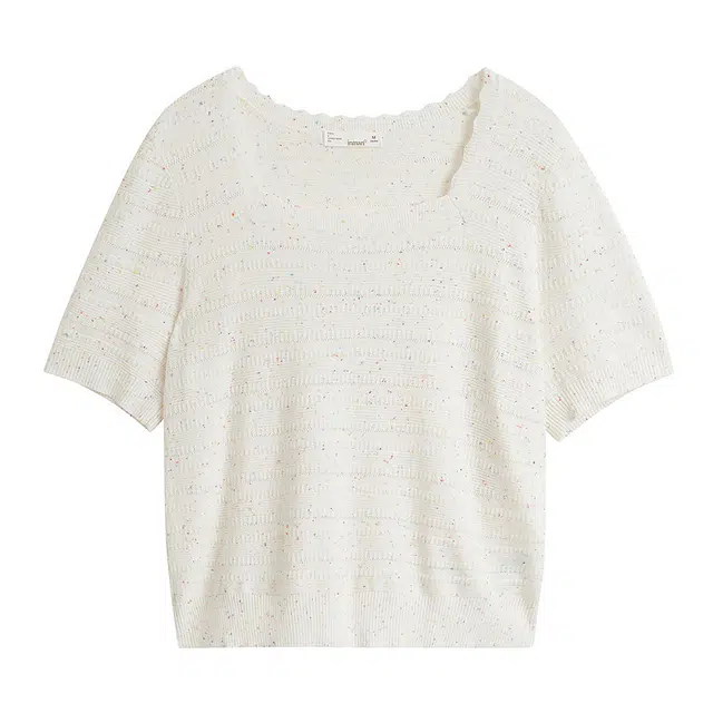 茵曼 法式彩点花边方领宽松温柔短袖针织衫 女款 珍珠白