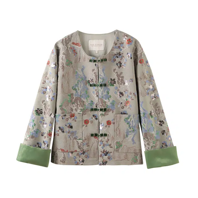 花栗鼠小姐 吉云绣裳 新中式轻国风复古轻奢亮片外套满幅手工设计夹克 女款 祖母月灰