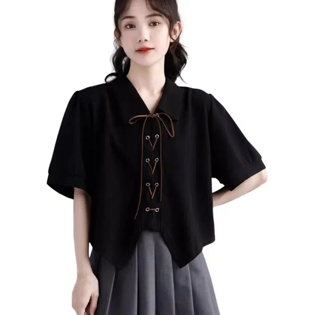 怪力萝莉 绑带设计感华夫格翻领短袖衬衫 女款