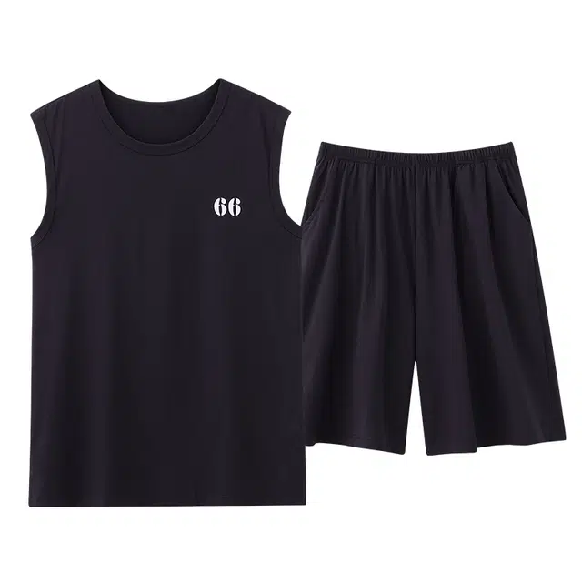 俏薇妮 柔软简约时尚纯色运动风高级感背心家居服舒适透气休闲凉感可外穿夏季睡衣套装 男款 黑色