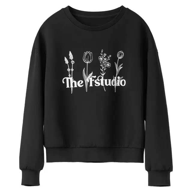 法儿家 花花物语韩系小个子圆领印花卫衣 女款 黑色