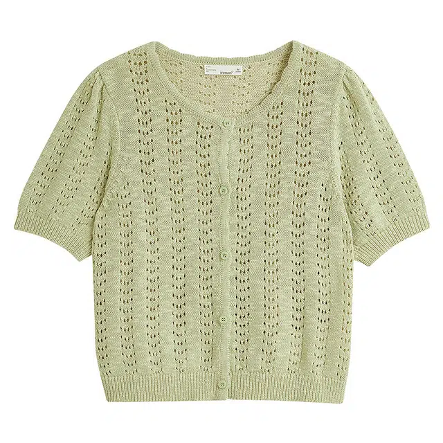 茵曼 法式镂空小众百搭圆领短袖针织衫 女款 青茵绿