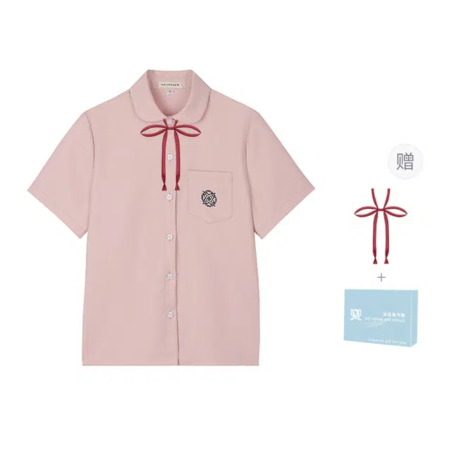 冰淇淋与鲸 夏季 学院风开春设计感纯色刺绣衬衣简约休闲高级感短袖衬衫 女款 礼盒装 粉色