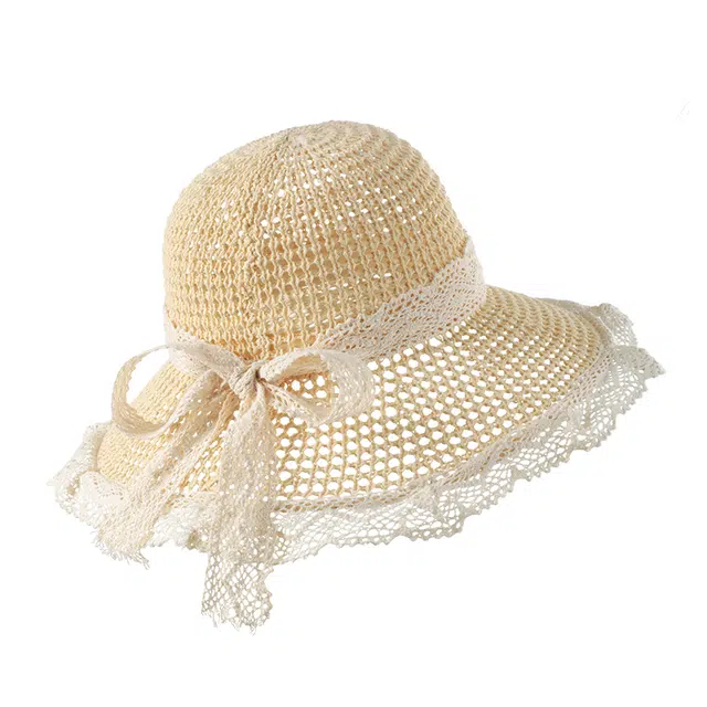 【旅行出片】 南极人 编织遮阳帽子海边沙滩出游田园风休闲百搭太阳帽蕾丝拼接系带草帽镂空透气轻薄款 聚酯纤维 防晒帽 女款