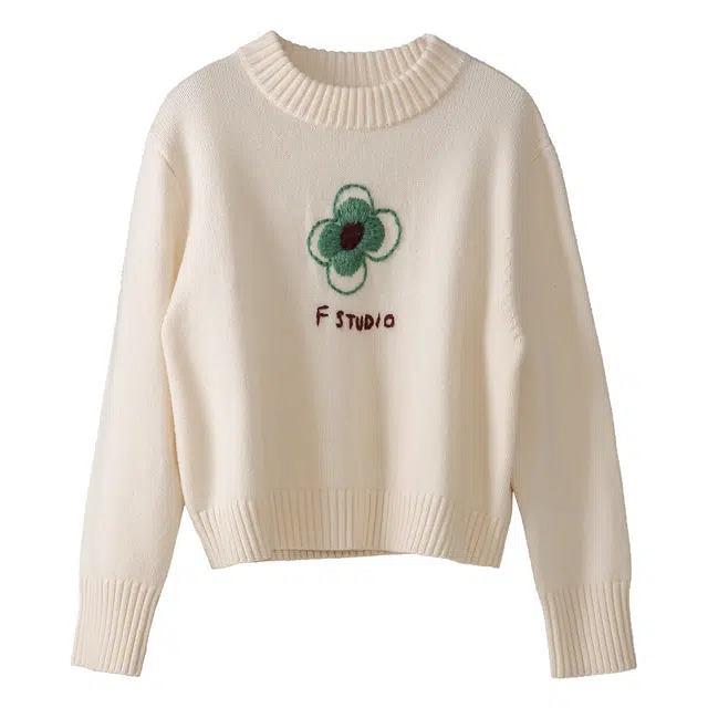 法儿家 字母花朵刺绣圆领套头针织衫 女款 白色