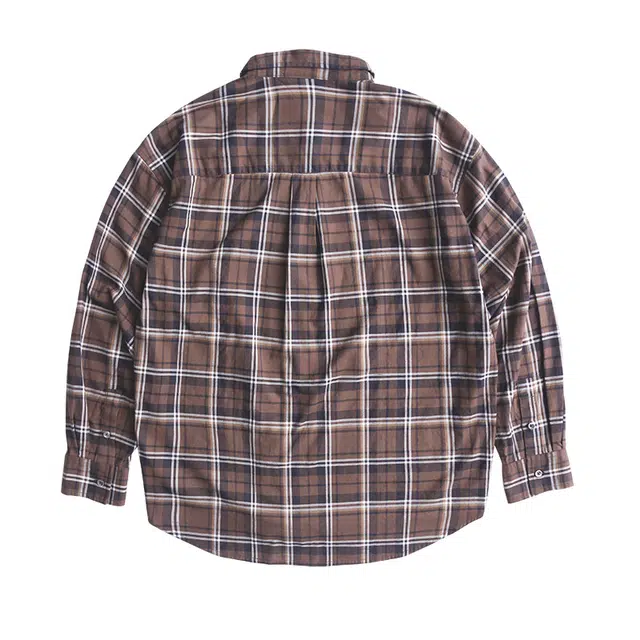 实年服工 工作室单件手作系列翻领宽松百搭潮流上衣长袖格子衬衫 男款 啡棕色