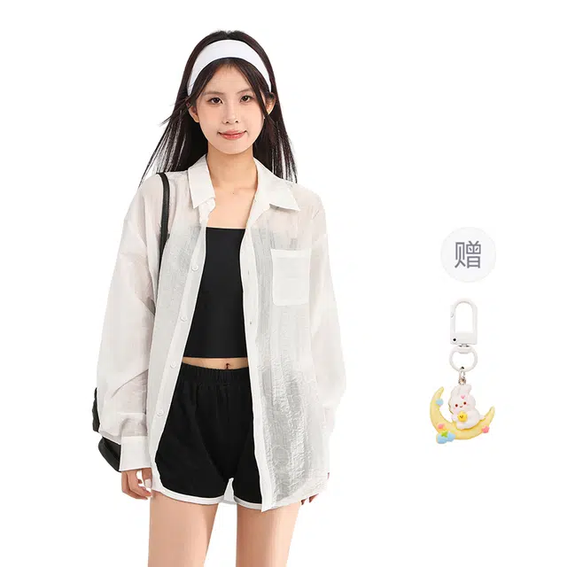 柏黛妃 薄款设计感纯色外搭开衫简约长袖衬衫 女款 白色+赠品