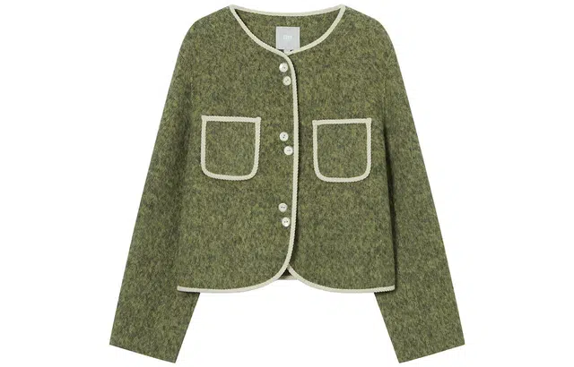 对白 复古小香风撞色包边双插袋外套短款大衣 女款