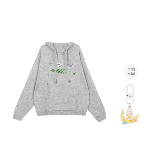 柏黛妃 美式连帽套头宽松慵懒打底针织刺绣卫衣 女款 灰色