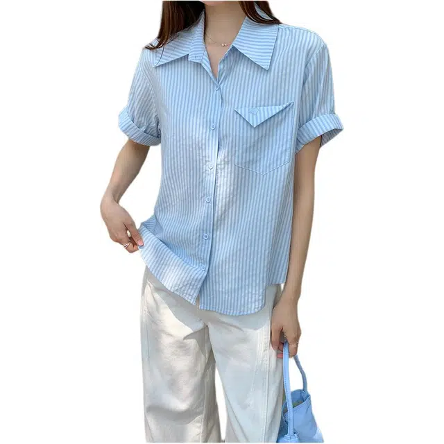 沐晓欣 条纹短袖女夏设计感小众衬衣休闲宽松衬衫 女款