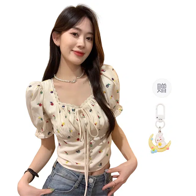 柏黛妃 法式方领抹胸锁骨碎花泡泡袖短袖上衣收腰半袖短款短袖衬衫 女款 杏色+赠品