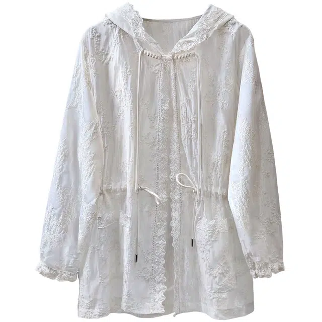 丝柏舍 蕾丝拼接连帽宽松款纯色抽绳收腰中长款长袖夹克外套 女款 杏色