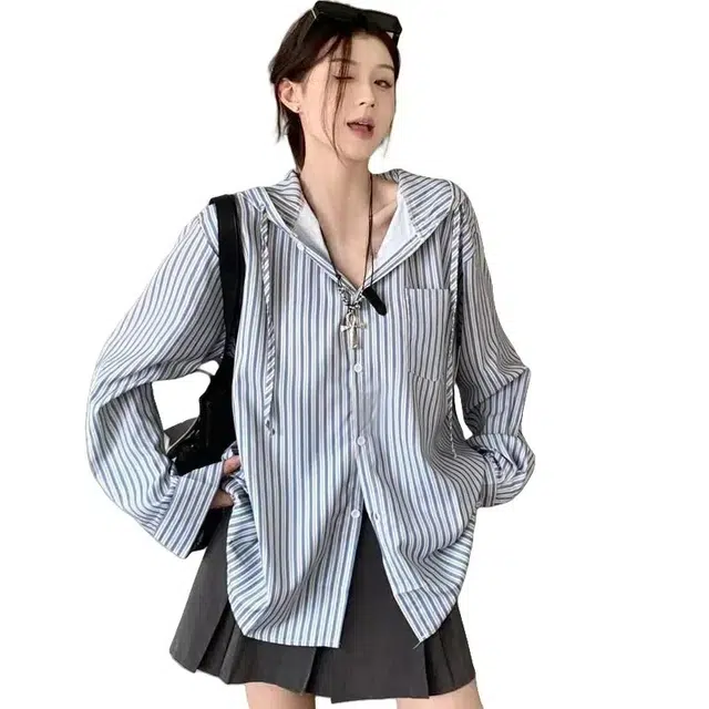 淑好百 春夏连帽竖百搭韩系通勤简约女宽松慵懒长袖衬衫 女款 蓝色条纹