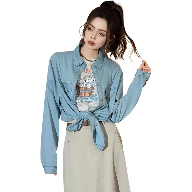 法文箱子 休闲简约通勤长袖衬衫 女款 浅蓝色