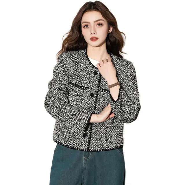 法文箱子 简约短款小香风长袖夹克外套 女款 黑白格子