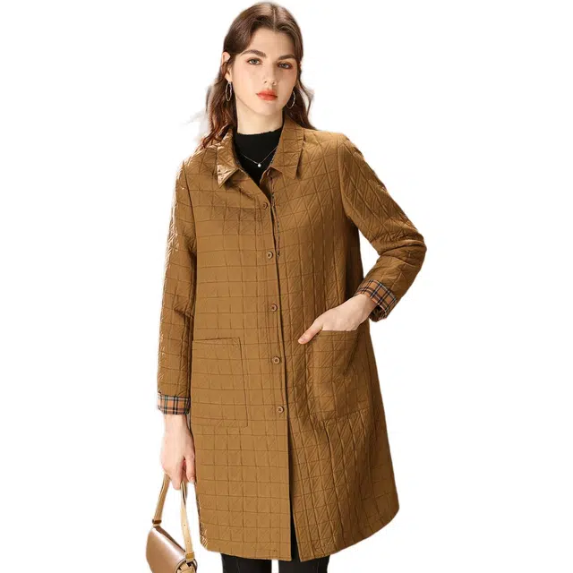 粉红玛琍 翻领通勤中长款长袖夹克外套 女款 咖色