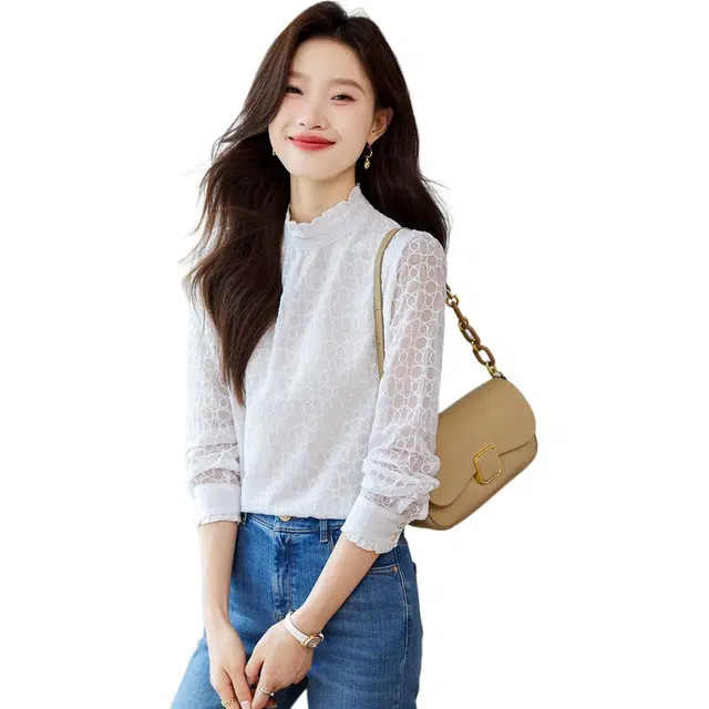 爱依莲 春秋季 纯色舒适百搭时尚立领长袖衬衫 女款 白色