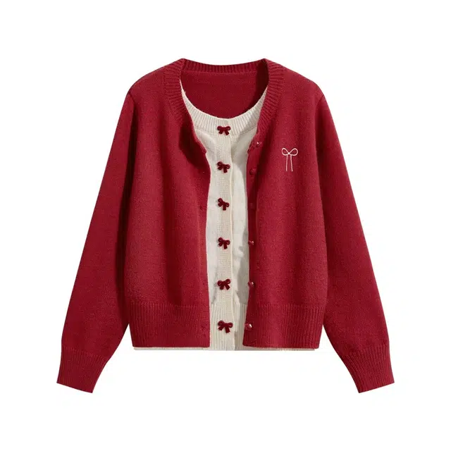 红蜻蜓 蝴蝶结刺绣甜美开衫假两件休闲长袖针织衫 男女同款