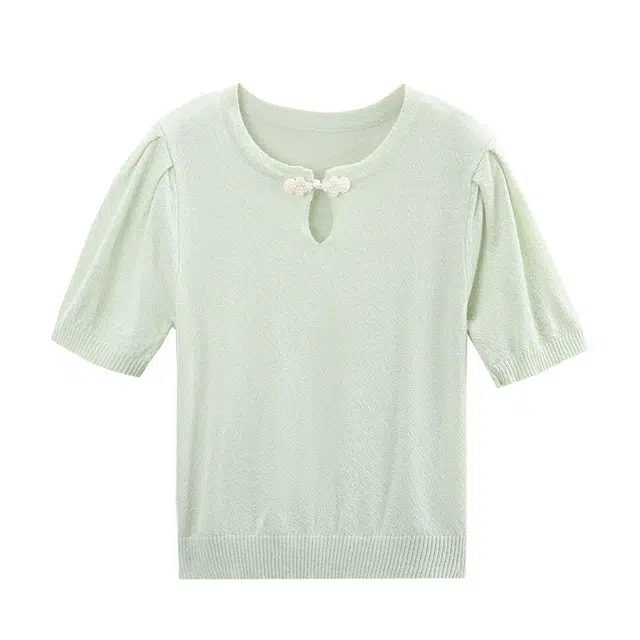 苏醒的乐园 纯色圆领盘扣镂空套头短袖针织衫 女款