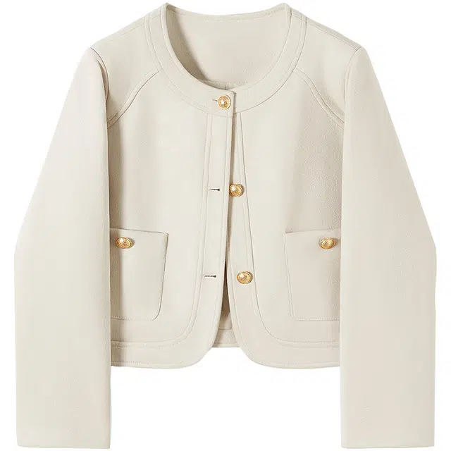 她池 圆领优雅单排扣宽松夹克外套 女款 米色