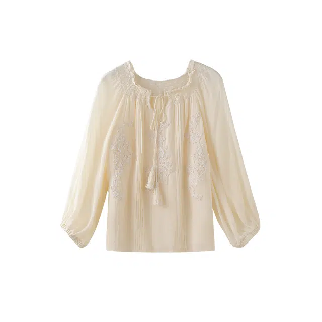 花栗鼠小姐 小众甜美流苏简约舒适休闲七分袖衬衫 女款 米色