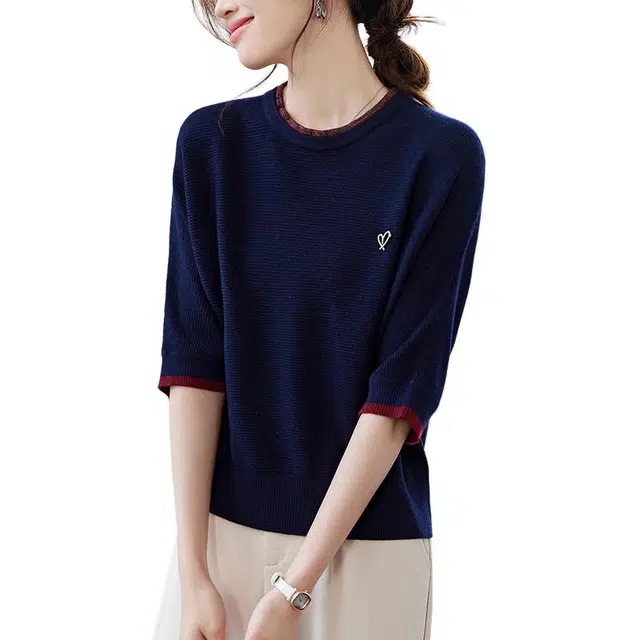 曲韩 七分袖蝙蝠衫女春秋薄款洋气针织衫 女款