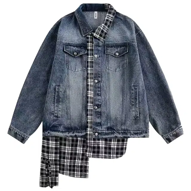 桴生 美式辣妹格子拼接春秋宽松牛仔上衣夹克外套 女款