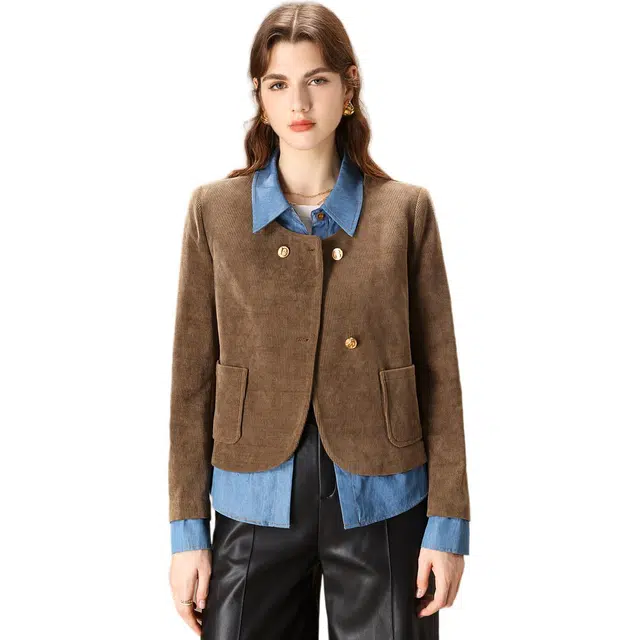 粉红玛琍 翻领单排扣长袖夹克 女款 灰色