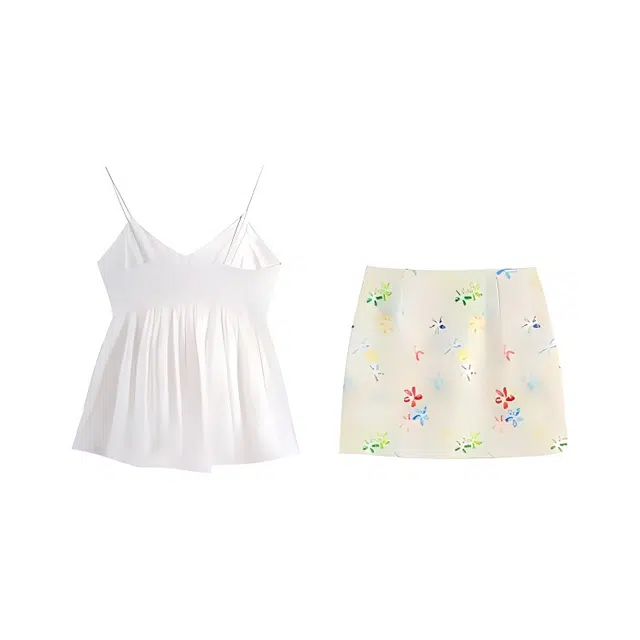 小菊川栗 休闲舒适百搭吊带上衣简约气质优雅半身裙裙装套装 女款