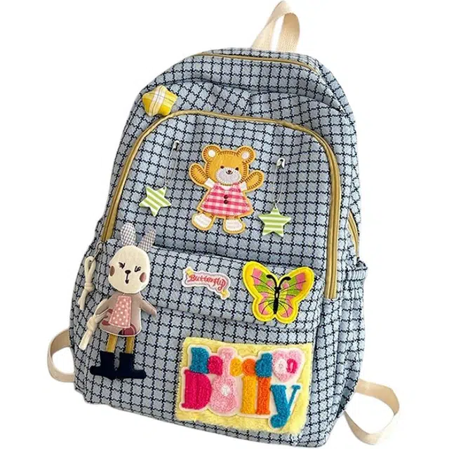 恒源祥 韩系布艺卡通形象格子初高中上学少女大容量 尼龙 书包背包双肩包 女款 多色