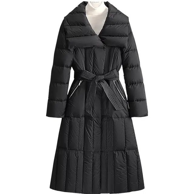 丝柏舍 纯色简约翻领中长款休闲保暖羽绒服 女款 黑色