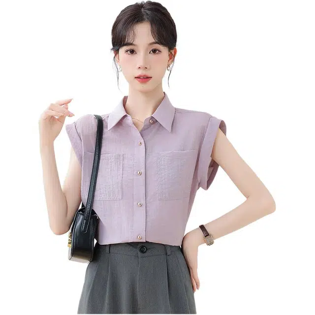 缪斯的诱惑 法式夏季薄款气质温柔慵懒风宽松上衣无袖衬衫 女款 烟熏紫