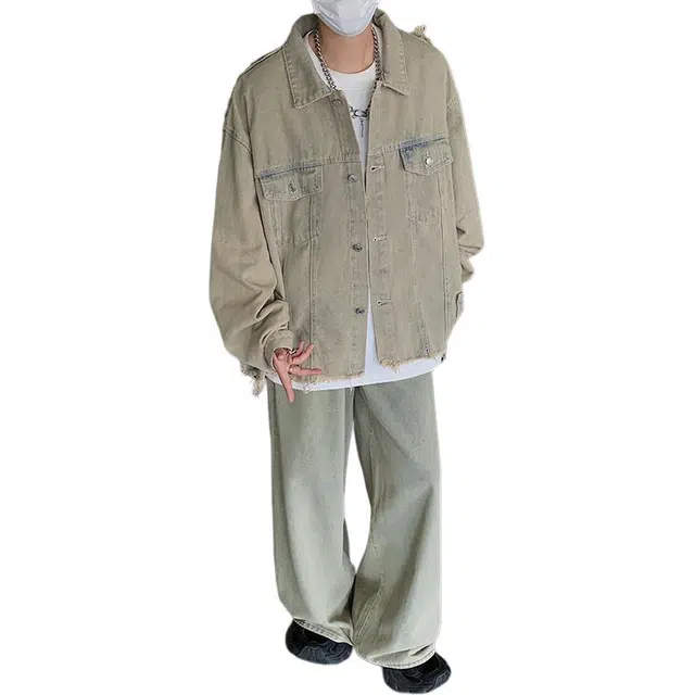 物质公式 重工质感美式高街复古水洗做旧毛边翻领牛仔外套高级感百搭潮流宽松废土风阔腿直筒拖地长裤休闲运动套装 男女同款 黄泥色