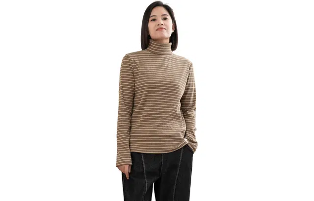 善己 休闲高领条纹长袖针织衫 女款 棕色