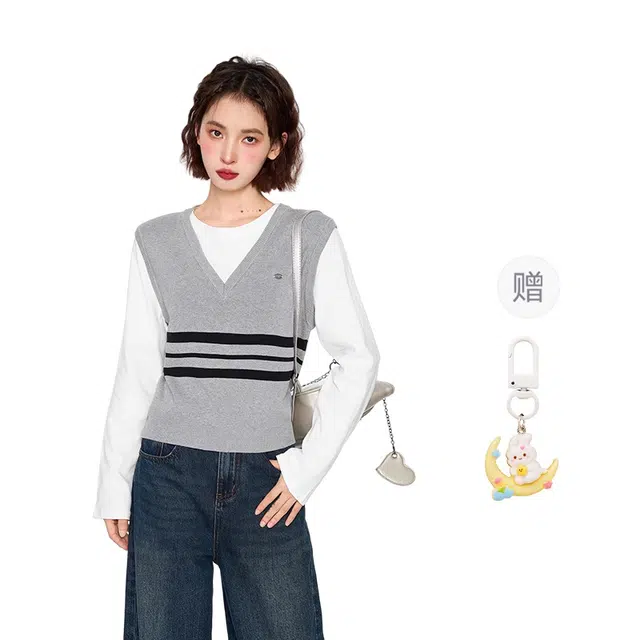 柏黛妃 假两件条纹圆领舒适时尚长袖针织衫 女款 灰色+赠品