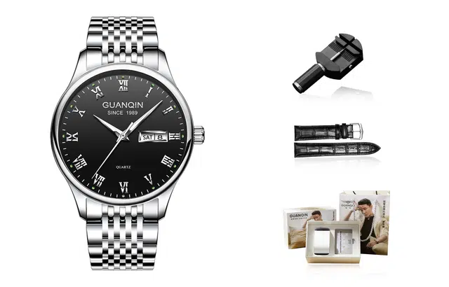 冠琴 机械风格国潮时尚防水男士腕表 石英机芯 精钢表带 国表 男表 黑色表盘 运动双日历学生表