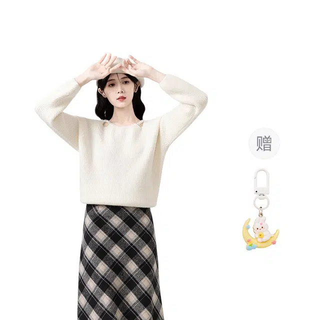 柏黛妃 法式套头百搭通勤设计感长袖针织衫 女款 白色