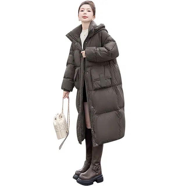 丝柏舍 纯色百搭长款连帽简约休闲羽绒服 女款 灰咖色