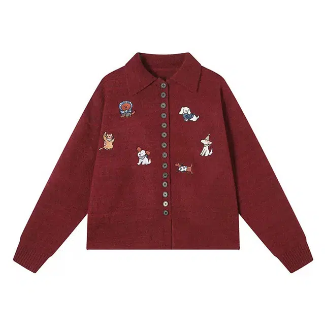 红蜻蜓 刺绣翻领长袖外套韩系复古宽松开衫上衣针织衫 女款