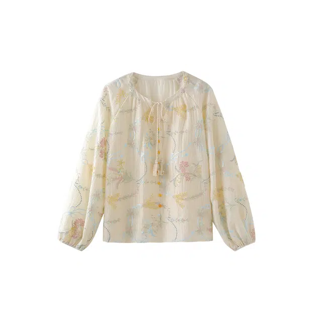 花栗鼠小姐 宽松圆领长袖衬衫 女款 绣花米