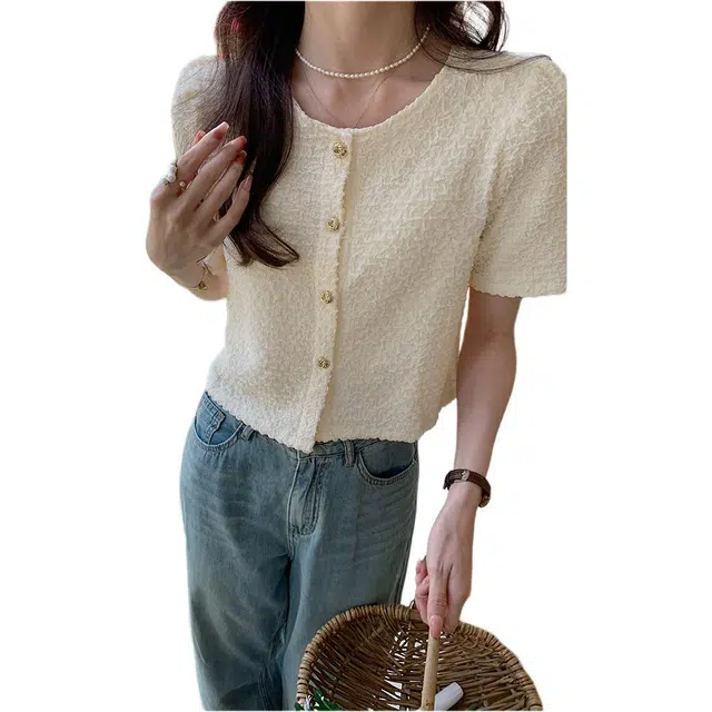 沐晓欣 韩版百搭泡泡布短袖衬衫 女款