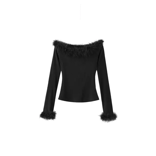 花栗鼠小姐 慵懒风纯色毛毛领高级感一字肩修身打底套头针织衫 女款 黑色