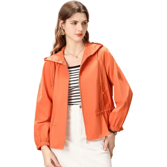 粉红玛琍 连帽纯色简约夹克外套 女款 桔色