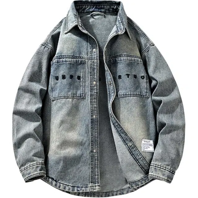 曲韩 牛仔衬衫春季高级感美式提花复古潮流翻领外套夹克 男女同款