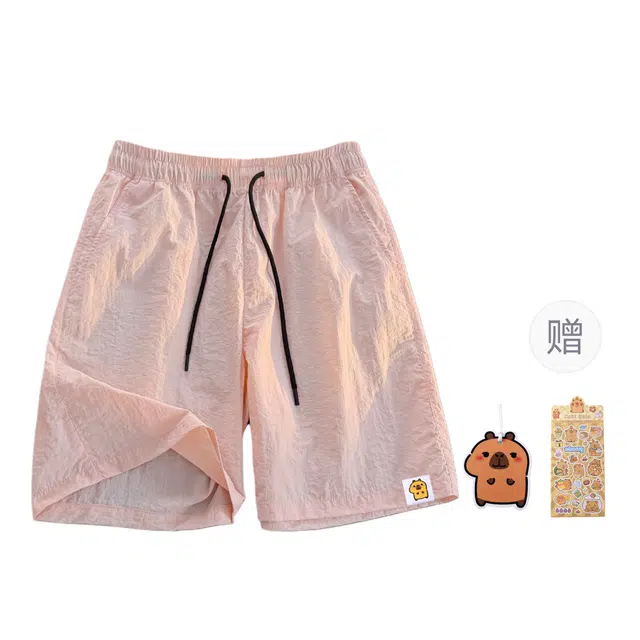 卡皮巴拉小黄豚 美式多巴胺色系基础款纯色凉感尼龙沙滩裤简约肌理感轻薄速干宽松舒适百搭运动篮球裤冰丝防晒五分休闲短裤 男女同款