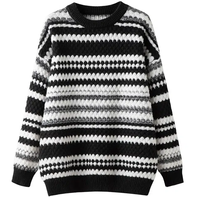 丝柏舍 圆领中长款撞色宽松款套头休闲落肩长袖针织衫 女款 黑白条纹