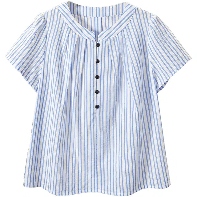 她池 宽松百搭简约短袖衬衫 女款 蓝色条纹